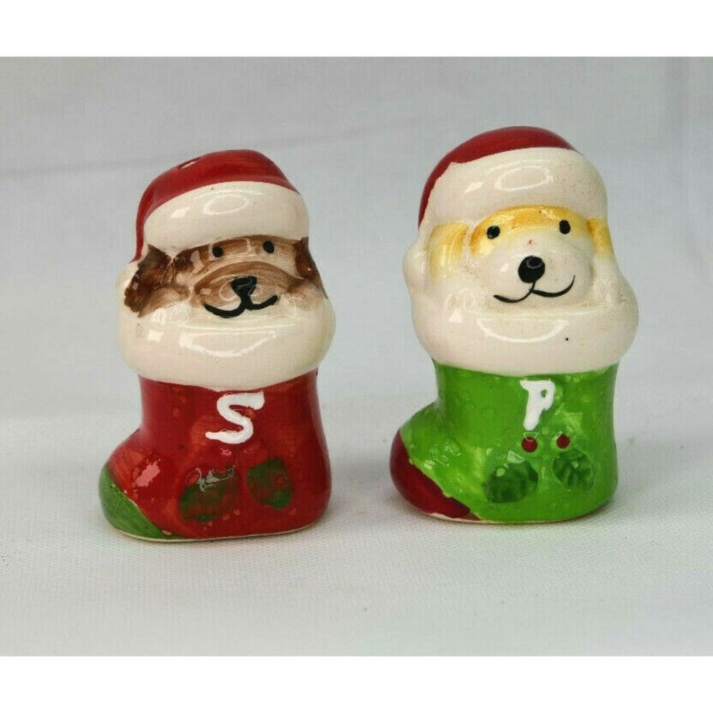 Vintage Dogs In Christmas Stockings Figural Salt And Pepper Shakers
